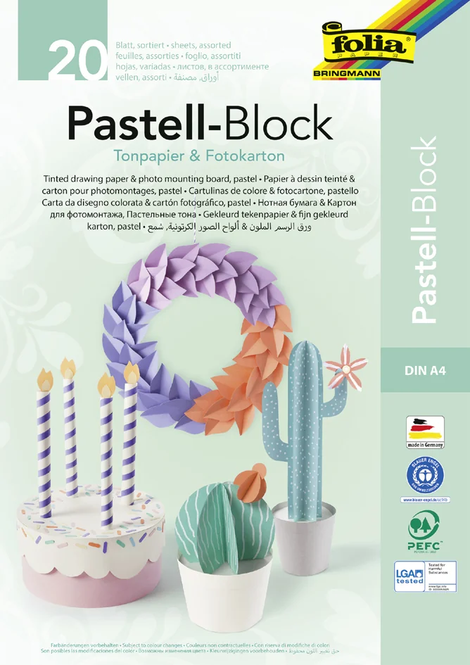 folia Bloc papier de couleur/carton de bricolage PASTEL, A4 - OEM 678