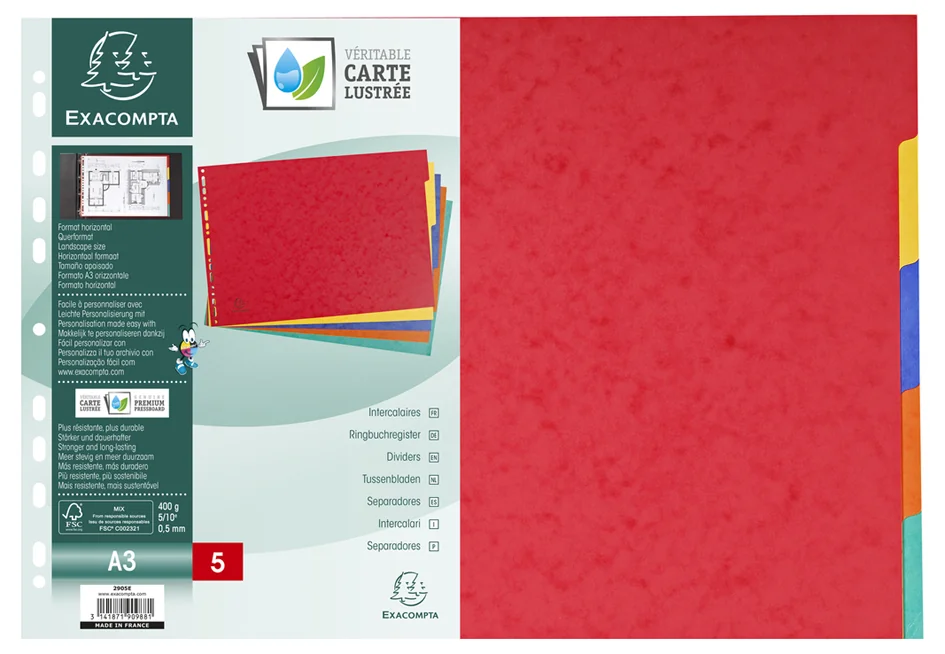 EXACOMPTA Intercalaires en carton, uni A3 paysage, 5 touches - OEM 2905E