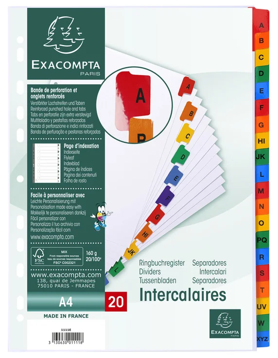 EXACOMPTA Intercalaires carton A-Z, A4, 20 touches, blanc - OEM 1111E