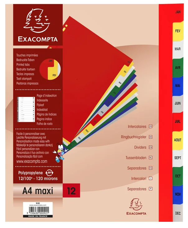 EXACOMPTA Intercalaires mensuels Janvier-Décembre, A4+ - OEM 92E