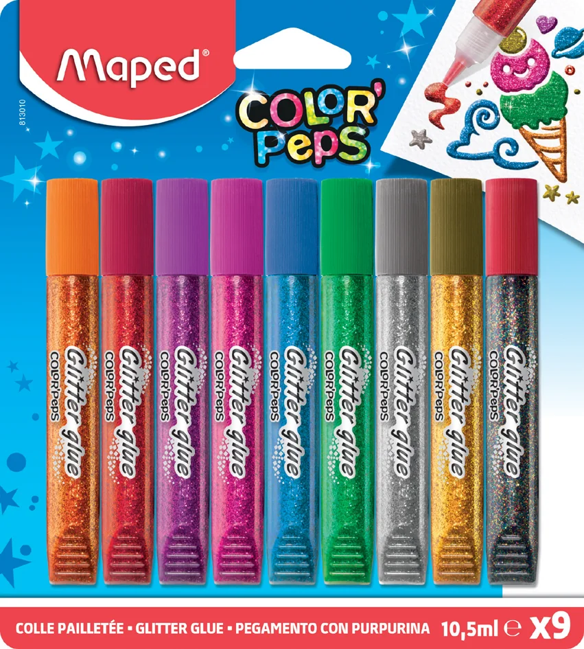Maped Colle pailletée COLOR'PEPS, 9 x 10,5 ml, carte blister - OEM 813010