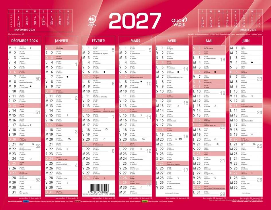 QUO VADIS Calendrier de banque rouge, 270 x 210 mm, 2027 - OEM 238123Q