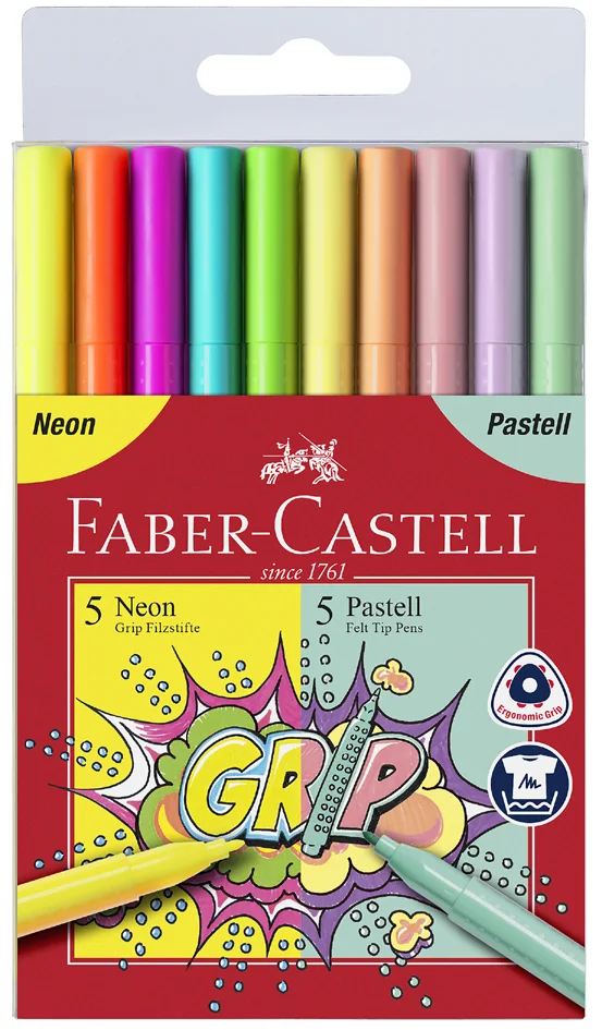FABER-CASTELL Feutres GRIP fluo + pastel, étui de 10 - OEM 155312