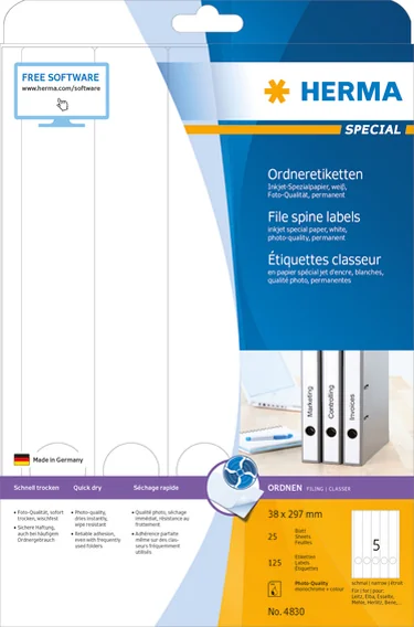 HERMA Etiquette dos de classeur SPECIAL, 38 x 297 mm, blanc - OEM 4830