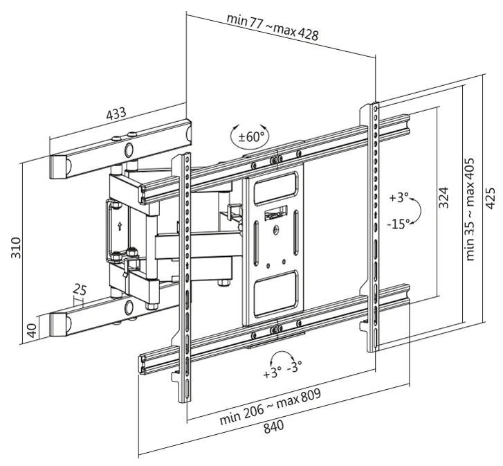 LogiLink Support mural pour TV Full Motion, 109,22-228,60 cm - OEM BP0115