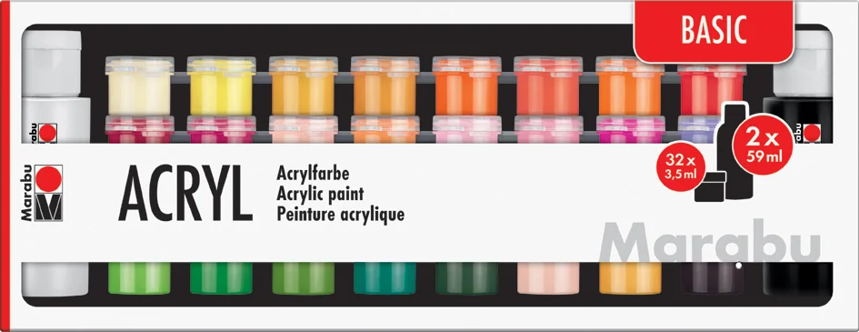 Marabu Set de peinture acrylique BASIC, 32x 3,5 ml/2x 59 ml - OEM 1210000000208
