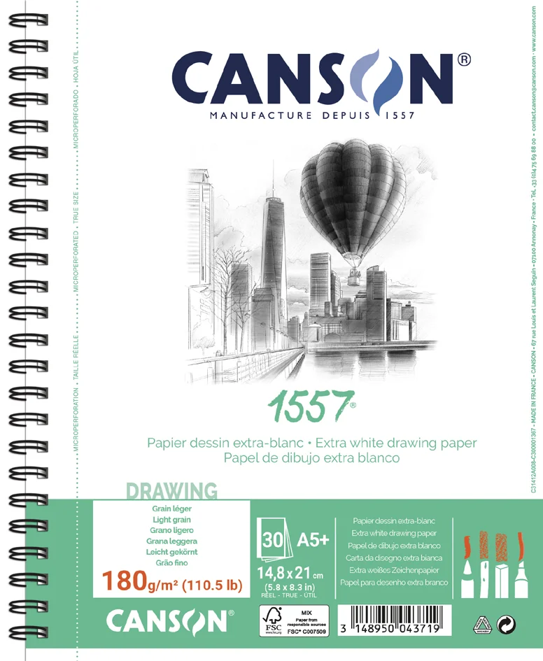 CANSON Album spiralé papier dessin 1557, A5+, 180 g/m2 - OEM C31412A008