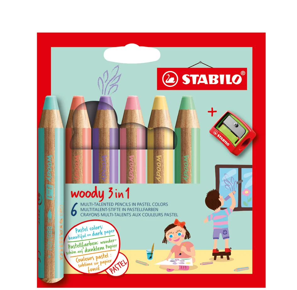 STABILO Crayon multi-talents woody 3 en 1, étui de 6 Pastel - OEM 8806-3