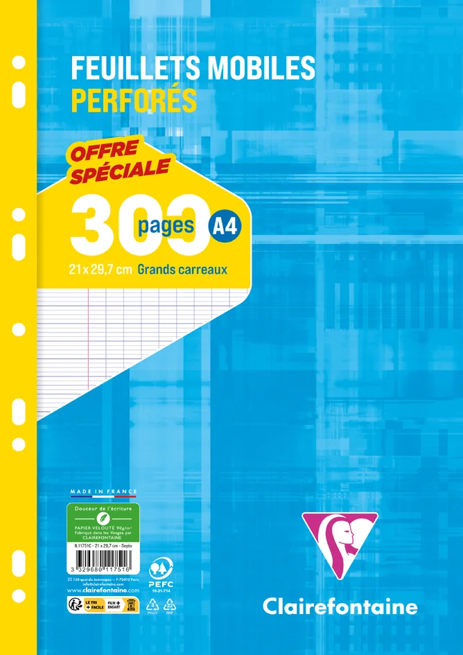 Clairefontaine Feuillets mobiles perforés, A4, quadrillé 5x5 - OEM 11752C