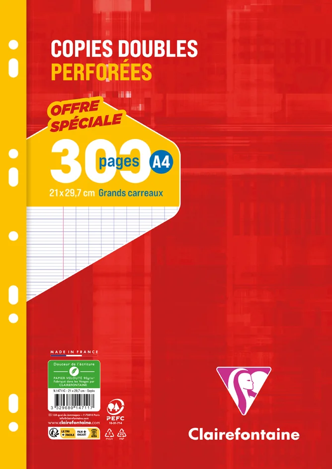 Clairefontaine Copies doubles perforées, A4, quadrillé 5x5 - OEM 14712C
