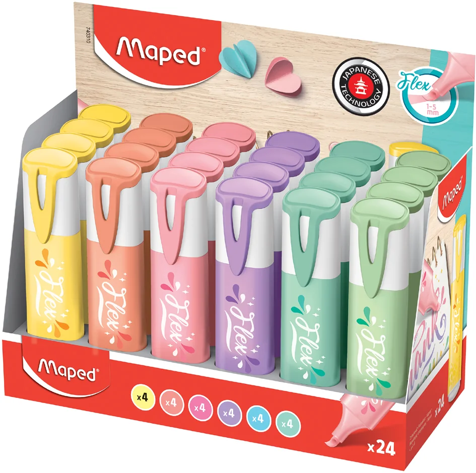 Maped Surligneur FLEX PASTEL, pointe souple, présentoir, 24 - lot de 24 - OEM 740310