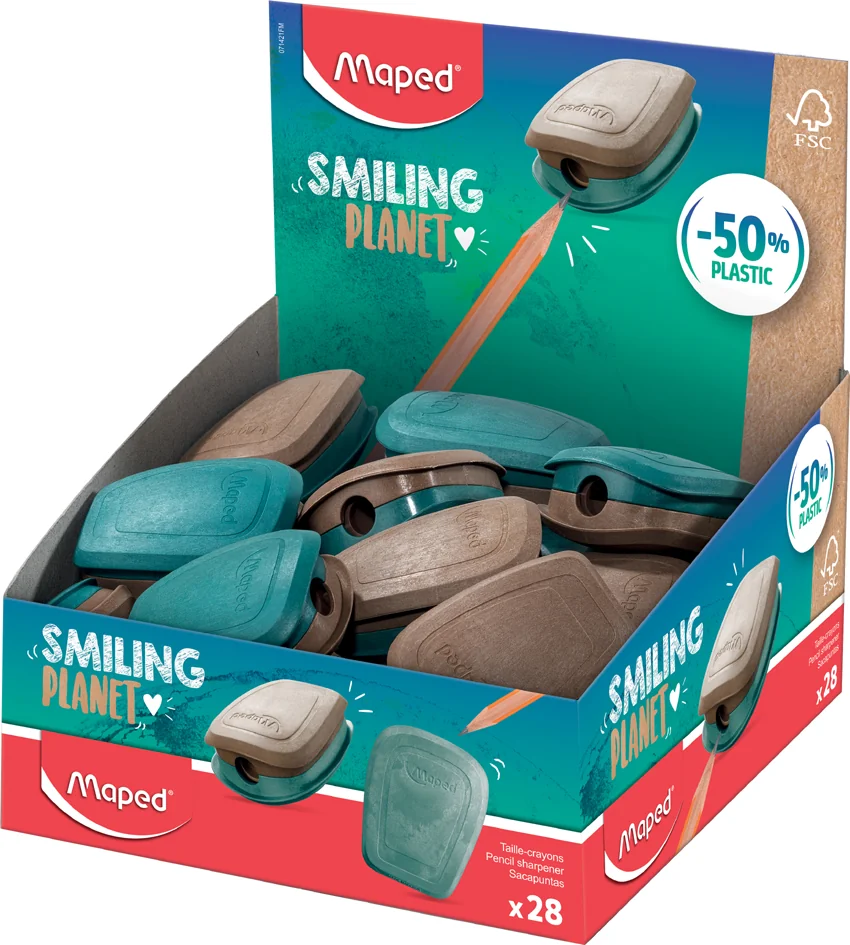 Maped Taille-crayons SMILING PLANET, bleu/brun, présentoir - lot de 28 - OEM 071421FM