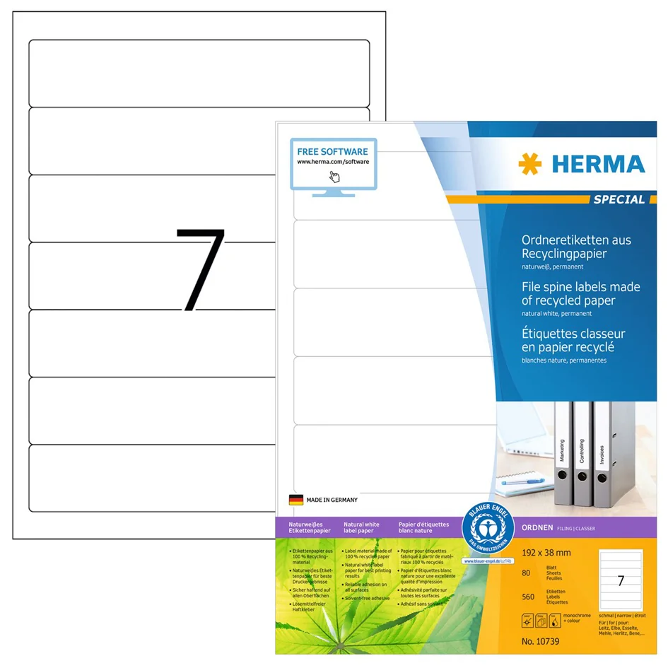 HERMA Étiquette pour dos de classeur recyclée, 192 x 38 mm - OEM 10739