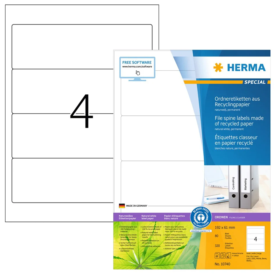 HERMA Étiquette pour dos de classeur recyclée, 192 x 61 mm - OEM 10746