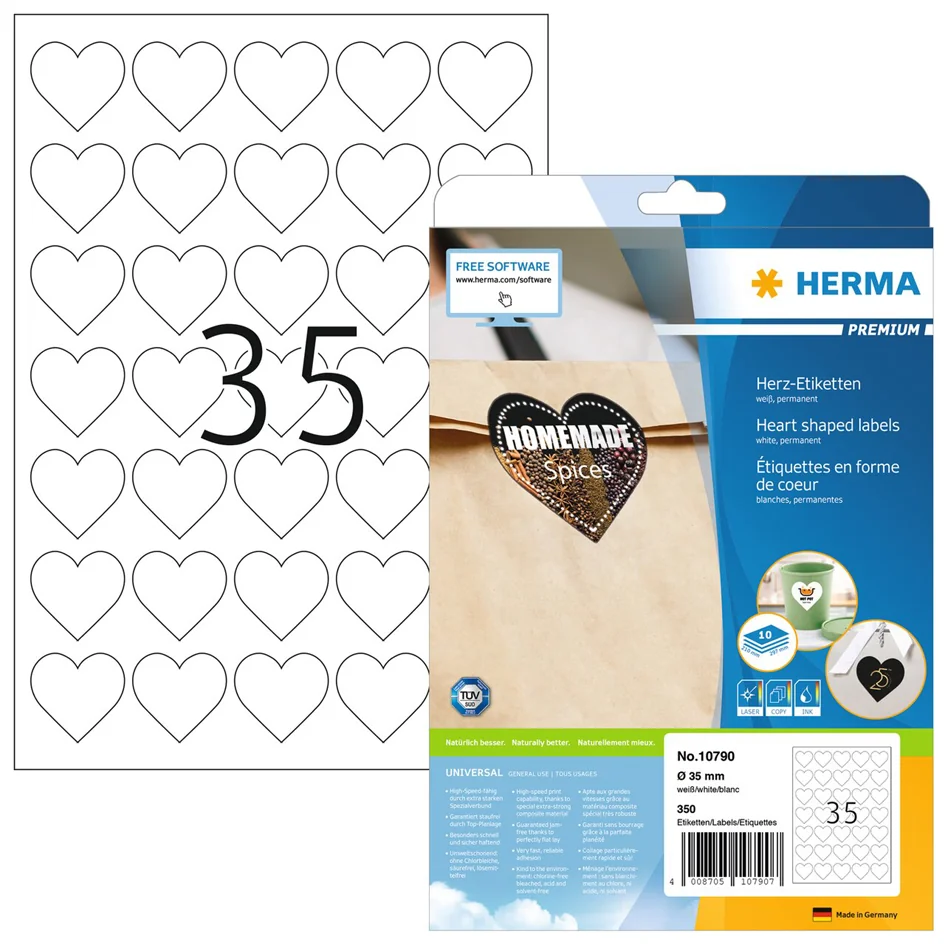 HERMA Étiquette en forme de coeur, diamètre: 60 mm, blanc - OEM 10791