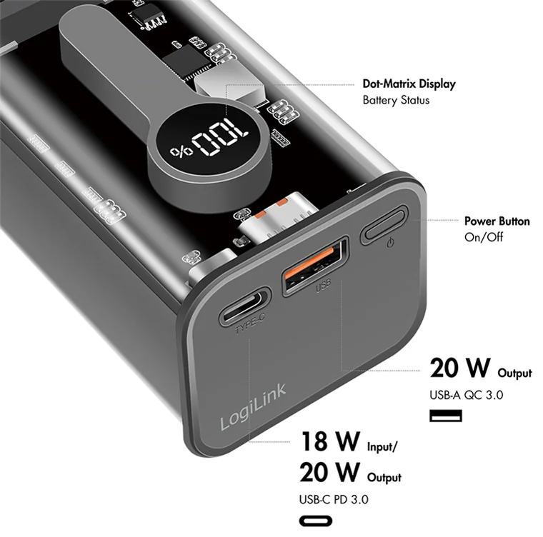LogiLink Powerbank avec écran, 10.000 mAh, noir - OEM PA0306