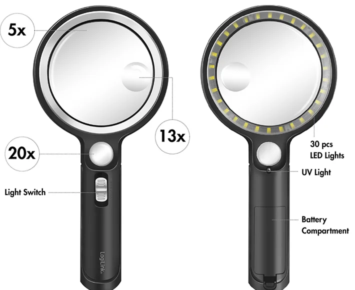 LogiLink Loupe avec manche, lampe UV & LED, rond, noir - OEM WZ0075