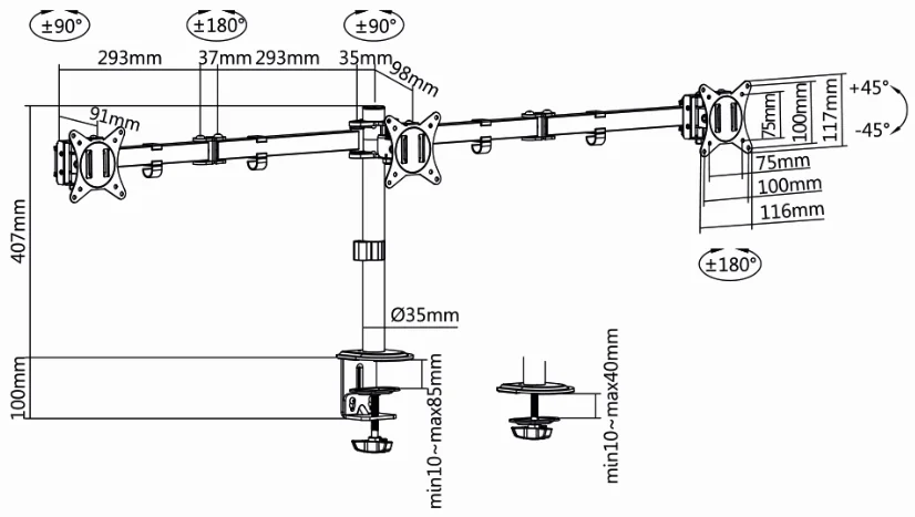 LogiLink Support triple écran, longueur bras: 658 mm, noir - OEM BP0173
