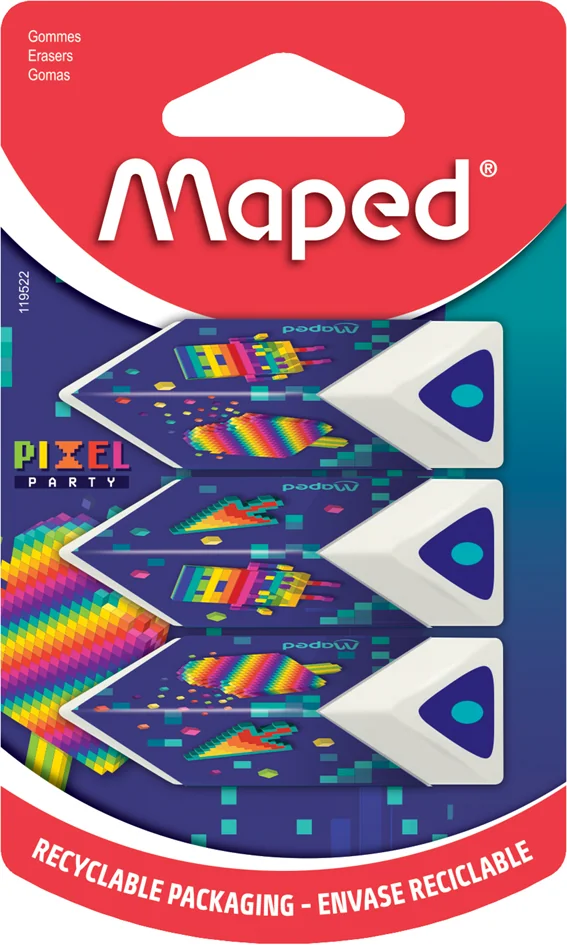 Maped Gomme en plastique Pyramide PIXEL PARTY, blister de 3 - OEM 119522