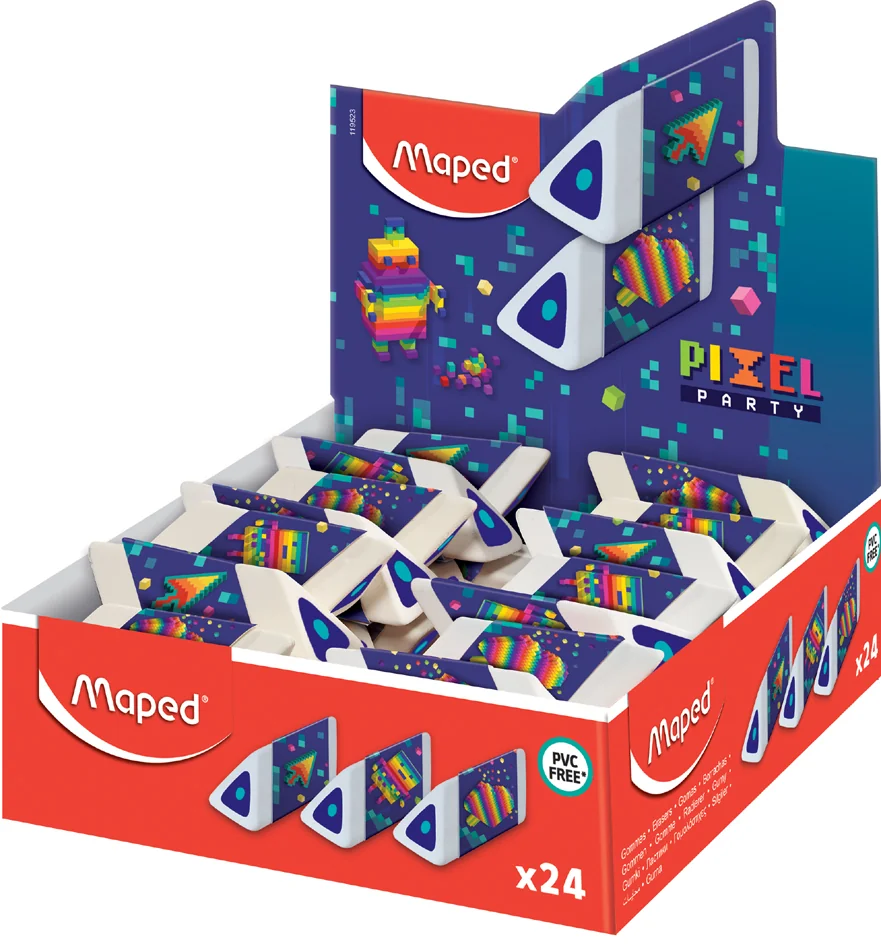 Maped Gomme en plastique Pyramide PIXEL PARTY, présentoir - lot de 24 - OEM 119523
