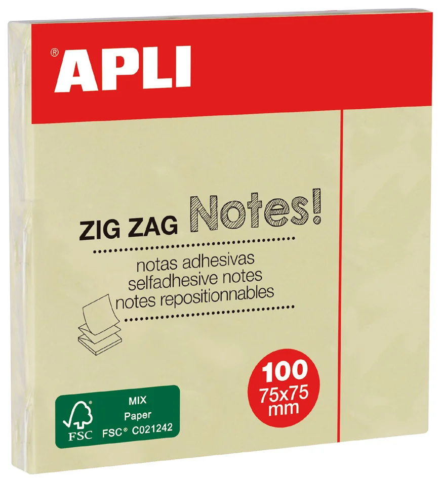 APLI Notes adhésives 'ZIG ZAG Notes!', 75 x 75 mm, jaune - OEM 12078