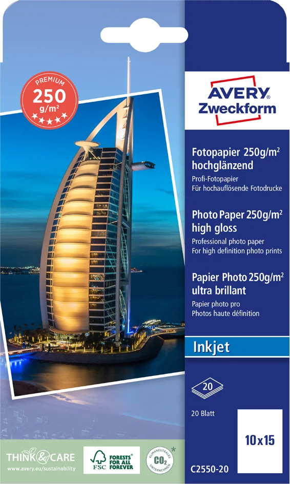 AVERY Zweckform Papier photo jet d'encre PREMIUM, 10 x 15 cm - OEM C2550-20
