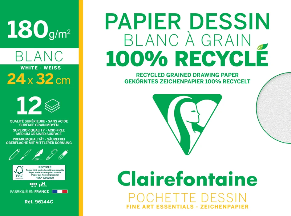 Clairefontaine Papier dessin 'Blanc à Grain' 100% recyclé - OEM 96144C