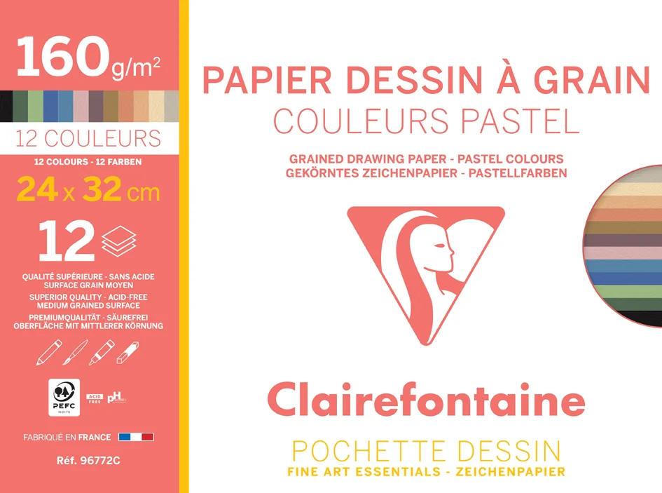 Clairefontaine Papier dessin 'à Grain', couleurs pastel - OEM 96772C