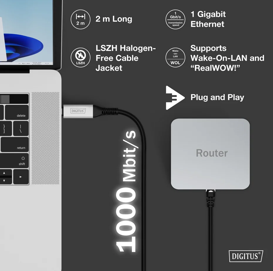 DIGITUS Câble Ethernet USB 3.2, USB-C - RJ45 mâle, 3 m - OEM AK-300601-030-S