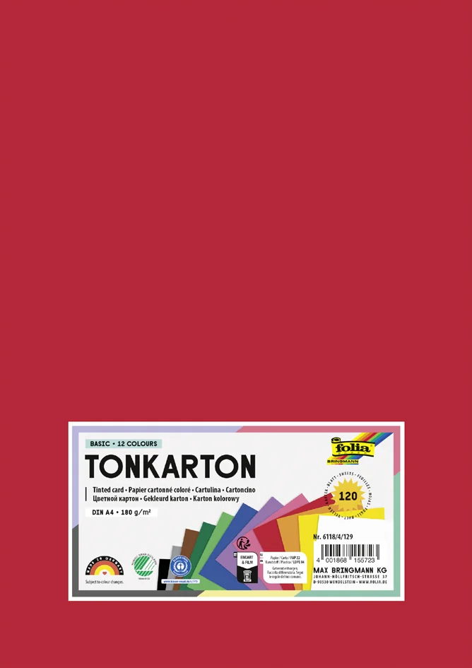folia Carton de couleur A4, 180 g/m2, assorti en 12 couleurs - OEM 6118/4/309