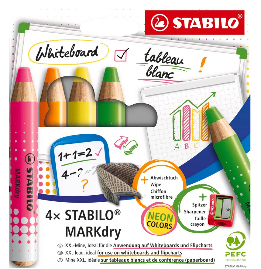 STABILO Crayon marqueur MARKdry FLUO, étui de 4 - OEM 648/4-01