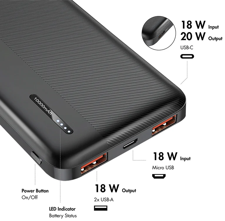 LogiLink Powerbank, 10.000 mAh, 2x USB-A, 2x USB-C, blanc - OEM PA0372W