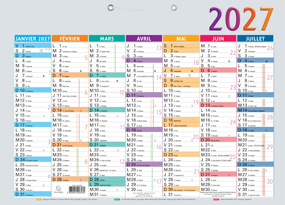 EXACOMPTA Calendrier Multicolore, 2027, 295 x 220 mm - OEM 34303E